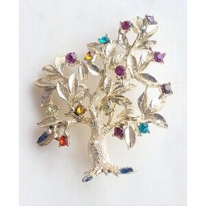Dodds Tree Of Life Brooch Multi-Colored Rhinestones Goldtone